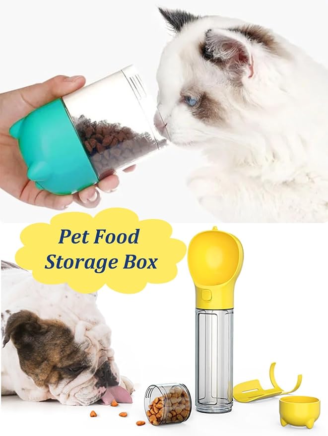 16.9oz Portable Pet Water Bottle Food Container,Travel Drink Feeder Cup Food Dispenser with Poop Shovel 17Pcs Waste Bag,for Dog Pets Walking Hiking (Yellow, 16.9oz(500ml))