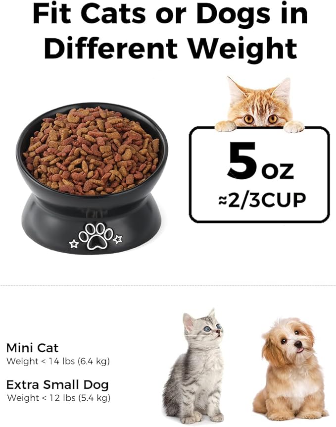 LoeJan Elevated Cat Food Bowl, 5 Oz Ceramic Raised and Tilted Water Bowl, Anti Vomiting and Protect Pets' Spines Dishes for Small Dog, Fat Faced Cat, Kitten (Black Pattern, 1 Pack)
