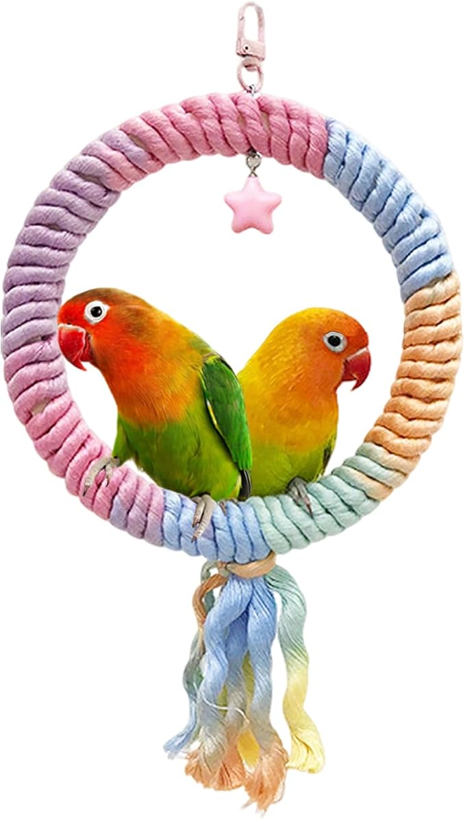 Bird Swing,Gradient Colorful Cotton Rope Bird Swing Cage Hanging Toys,Bird Cage Climbing Rope Toys Accessories,for Cockatiel Conure Cockatoo Parakeet Cage Hanging Decor(Round,Diameter:7.9")