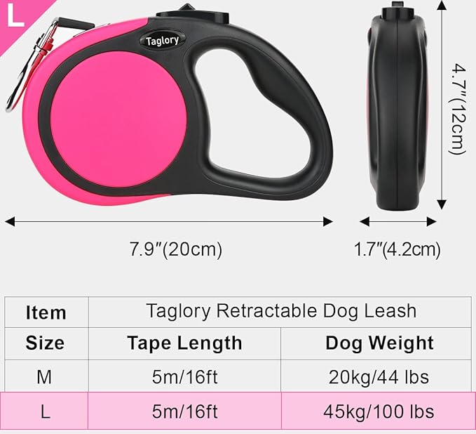 Taglory Retractable Dog Leash, 16ft No Tangle Leash Retractable for Medium and Large Dogs Up to 100 lbs, One-Handed Brake, Pause, Lock, Pink