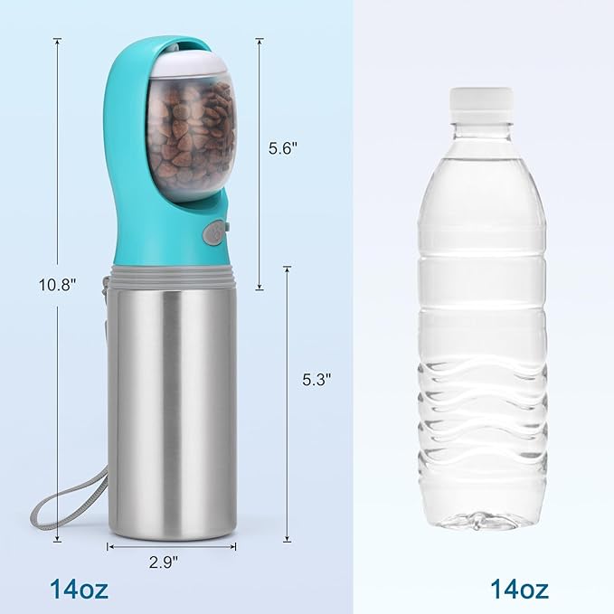 Portable Dog Water Bottle with Food Container, 14 OZ, Stainless Steel Leak Proof Puppy Water Dispenser with Drinking Feeder for Pets Travel, Walking, Hiking and Outdoor Activities