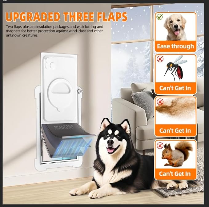 MIAOTONG 3-Flap Dog Door for Wall, Energy-Efficient Insulated Pet Door for Wall, Aluminum Lock Doggy Door for Wall,Steel Frame and Telescoping Tunnel Dog Doors (Pets Up to 220 Lb) -X-Large
