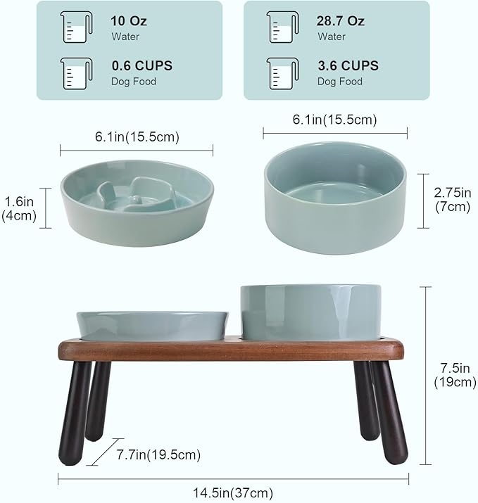 SPUNKYJUNKY Ceramic Elevated Dog Bowls with Slow Feeder Raised with Acacia Bamboo Wooden Stand, 6.1'' Dog and Cat Food Water Bowls Set Non-Slip for Small Medium Sized Breed - Light Green