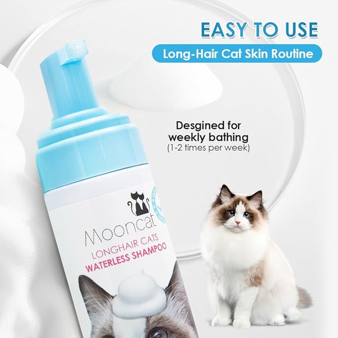 Mooncat Waterless Cat Shampoo for Longhair Cats | Licking Safe No-Rinse Dry Foam Bath for Detangling Matted Fur | Gentle Formula for Kittens & Sensitive Skin, pH Balanced - 5oz