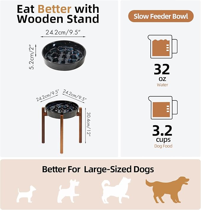 3.2 Cup Ceramic Dog Raised Slow Feeder Set, Elevated Bowl with Wooden Stand for Large Dog, 9.5inch Slow Feeder Dish for Fast Easters(Starry Sky, Single Bowl+ Stand)