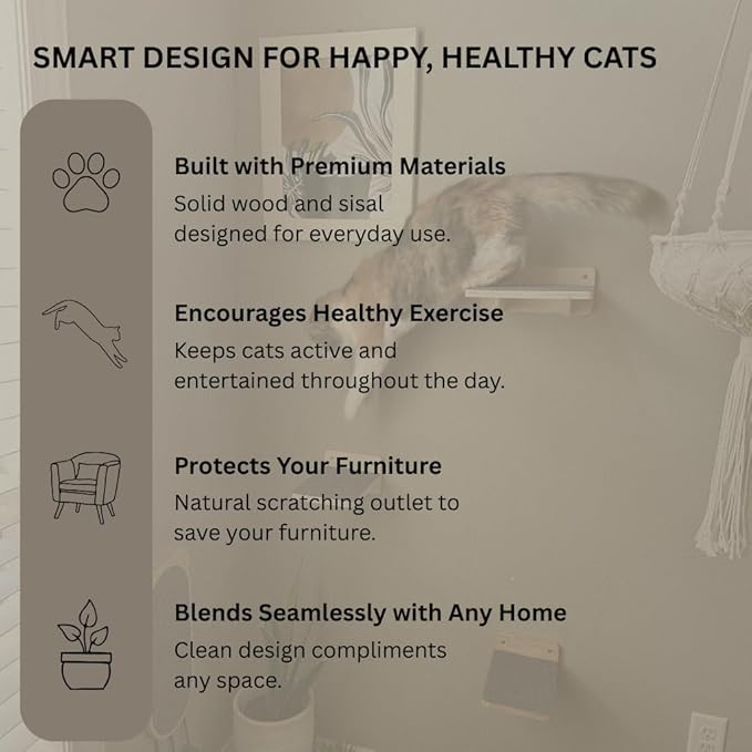 Modern Cat Wall Furniture Set – 5-Piece Hanging Shelves with Macramé Bed, Scratcher & Climbing Steps – Boho Wooden Cat Wall for Indoor Cats