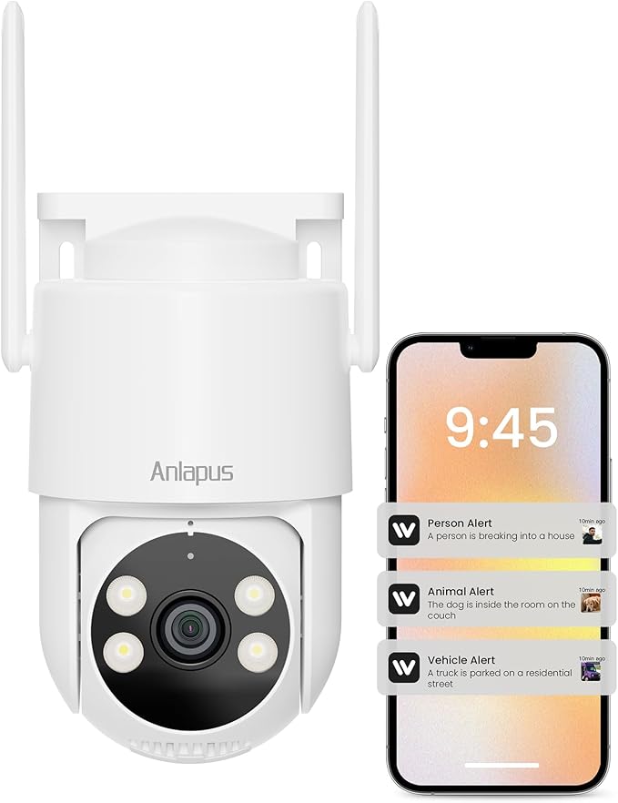 Anlapus C281 3MP 2K Security WiFi Camera Outdoor, 360° Pan/Tilt Wired Security Camera, AI Detection, Auto Track, Color Night Vision, 2-Way Audio, 2.4/5GHz, Light Siren Alarm, Cloud/Memory Card Storage