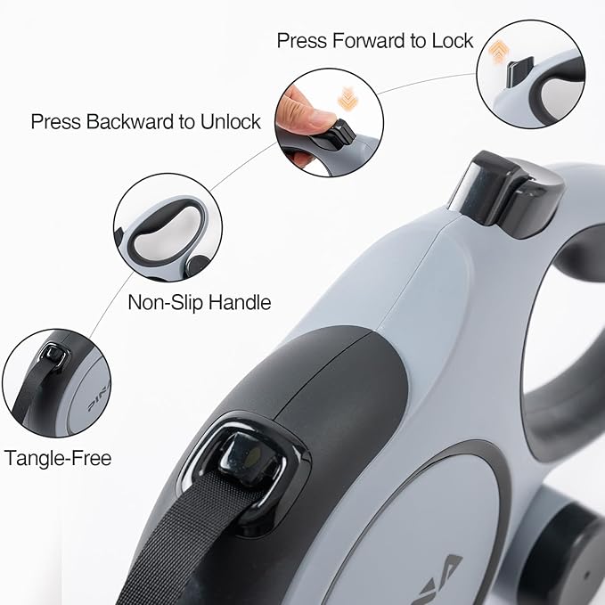 PINA Upgraded Retractable Dog Leash, 26 ft Dog Leash for Small Medium Large Dogs Up to 110lbs, Heavy Duty Reflective Nylon Tape 360° Tangle-Free, with Anti-Slip Handle, One-Handed Brake, Pause, Lock