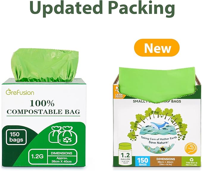GreFusion Compostable Trash Bags for Kitchen Compost Bin 1.2 Gallon,150 Count,Compost Bags Small for Food Scrap Waste Bags for Countertop Bin Certified by BPI,ASTM D6400 and OK Compost