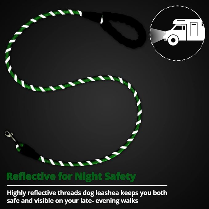 Rope Dog Leash 6 FT: Heavy Duty Leashes with Swivel Lockable Hook Reflective Threads Bungee and Padded Handle - Dog Lead for Large Small Medium Dogs Outside Walking Hiking Green