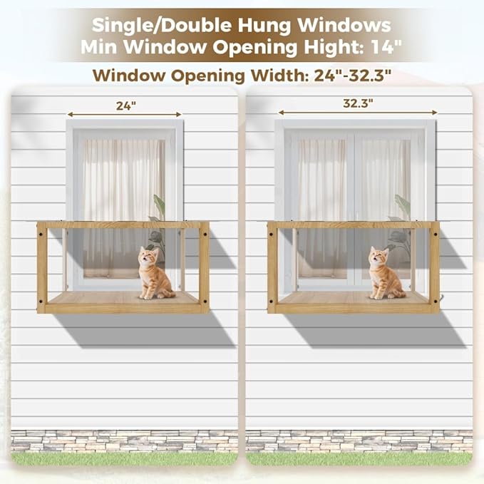 Cat Window Box, Cat cage, Wooden Window Perch House, Outdoor Hanging Enclosure with Solid Wood and Acrylic Panels, for Single-Hung Windows Measuring 24-35 Inch