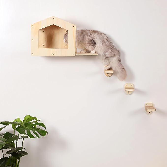 Cat Shelves with 3 Steps Scratching Post and Hammock Bed - Wall Mounted Climbing Condo for Indoor Cats (Wood)