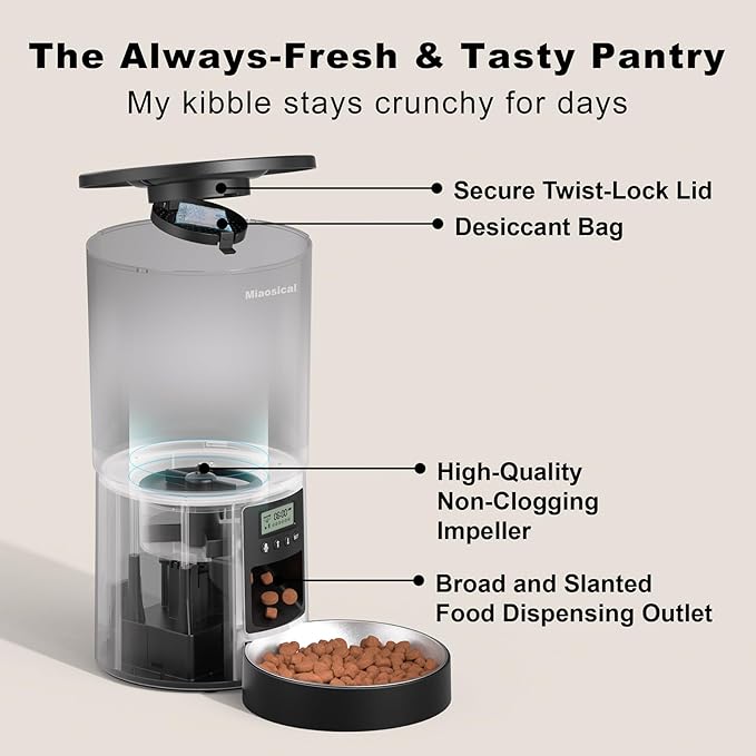 Automatic Cat Feeder with Dual Power Supply,Programmable 1-6 Meals Control Dry Cat Food Dispenser for Small Dog,Flexible Schedule Timer,10S Voice Record (Black, 4.2L Basic Model)