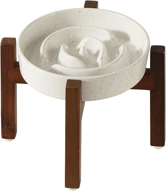 Ceramic 1.2 Cup Raised Slow Feeder Dog Bowl Set, Elevated Acacia Wood Stand for Medium and Small Dog, 7.3inch Slow Dish, Stop Bloat(Single Bowl+ Stand, Vanilla White)