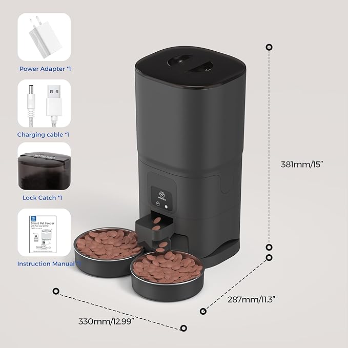 PAPIFEED Automatic Cat Feeder for 2 Cats, 2.4G WiFi Cat Food Dispenser with App Control, 7L Slow Feed Pet Feeder with 2 Stainless Bowls for Cats & Dogs, 12 Portions 10 Meals Daily - Black