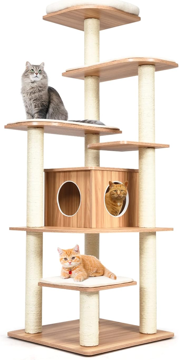 PETSITE 69 Inches Tall Cat Tree, Modern Wooden Cat Tower with Sisal Scratching Posts, Double-Entry Cat Condo, Multiple Jumping Platforms with Removable Soft Pads, Ideal for Indoor Cats Large Adult