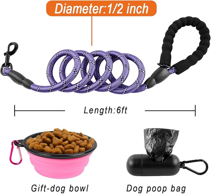 BARKBAY Dog Leashes for Large Dogs Heavy Duty Dog Leash 4/5/6 FT with Comfortable Padded Handle and Highly Reflective Threads for Medium Large Dogs Walking Training Running (6FT-1/2'',Purple)