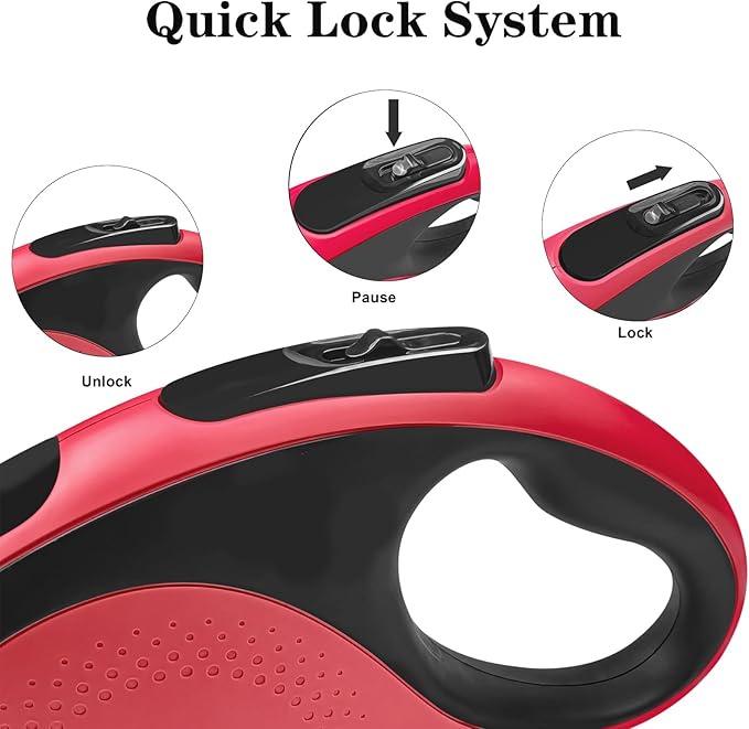 Retractable Dog Leash with Light - 26Ft Leashes with Poop Bag & Holder, One Button Break & Lock, 360°Tangle Free, Anti Slip Grip, Red