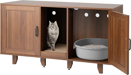 Tangkula Double Cat Litter Box Enclosure for 2 Cats, Large Stackable Hidden Privacy Cat Washroom Cabinet with Scratching Board, Indoor Cat House TV Stand Side Table, Litter Box Furniture (Brown)