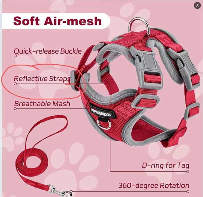 Small Dog Harness and Leash Set, No Pull Adjustable Pet Harness for Small Dogs, Breathable Mesh Rflective Dog Vest Harness (Red, M)