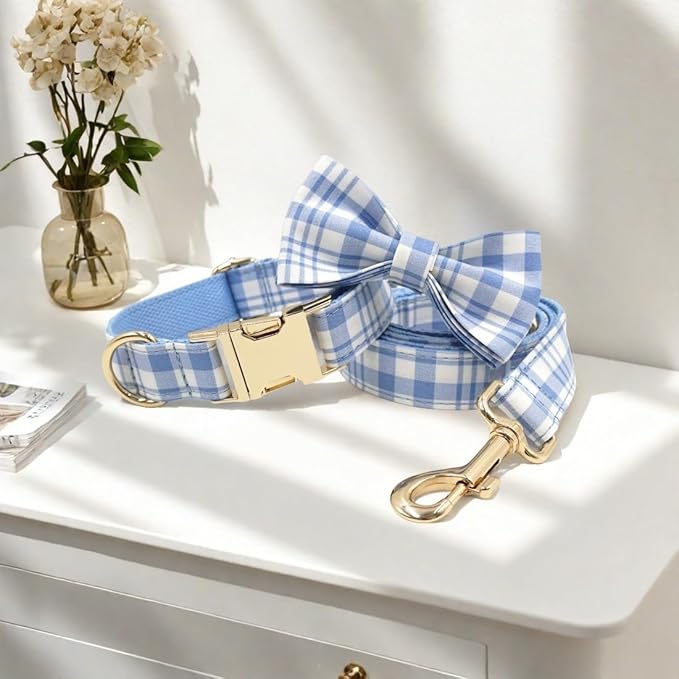 PETDURO Personalized Dog Collar Sky Blue Plaid for Large Medium Dogs | Engraved Name and Phone Number on Gold Metal Buckle for Boys & Girls | Add Leash & Bow Tie via Customize Now