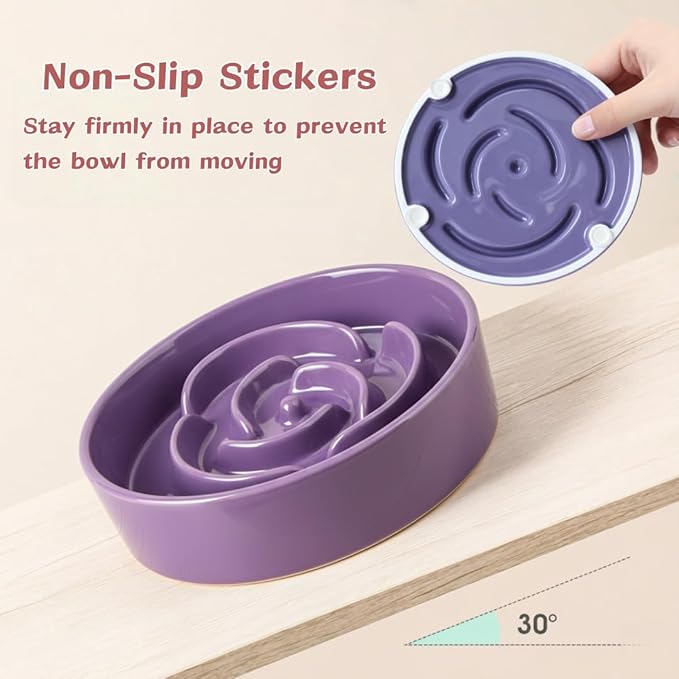 TRUVIC Ceramic Slow Feeder Dog Bowls, 1.5 Cup Puzzle Slow Feeder Bowls for Fast Eaters, Ceramic Dog Food Dish no Black Chin, Puzzle Bowl for Medium Dogs, Purple