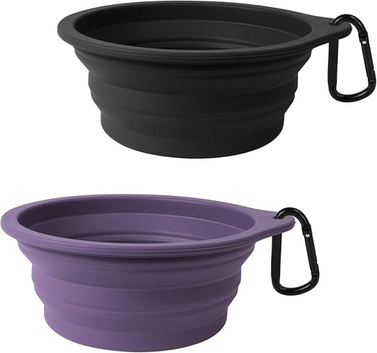 PetBonus 2-Pack Large Silicone Collapsible Dog Bowls, 34oz/1000ml BPA Free Portable Foldable Travel Bowl for Pet Cat, Food Water Feeding Dish for Camping with 2 Carabiners (Black, Dark Purple)