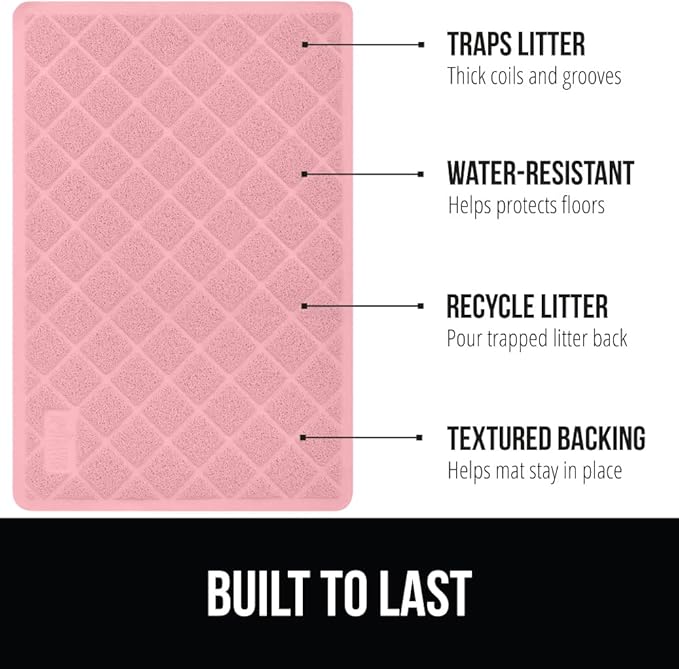 GORILLA GRIP Cat Litter Box Mat, Water Resistant, US Designed Kitty Litter Trapping Mats, Easy to Clean, Scatter Control, Less Mess and Clean Floors, Kitten Supplies for Indoor Cats, 17x11 Light Pink