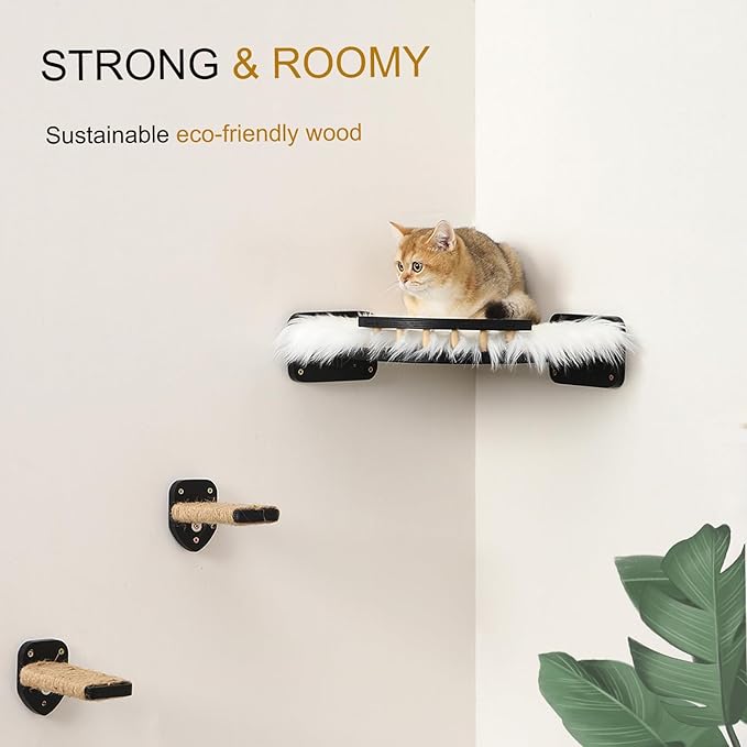 Cat Wall Shelves - 3 Steps Scratch Post & Hammock Bed with Plush Cover, Climbing Shelf for Indoor Cats (Black)