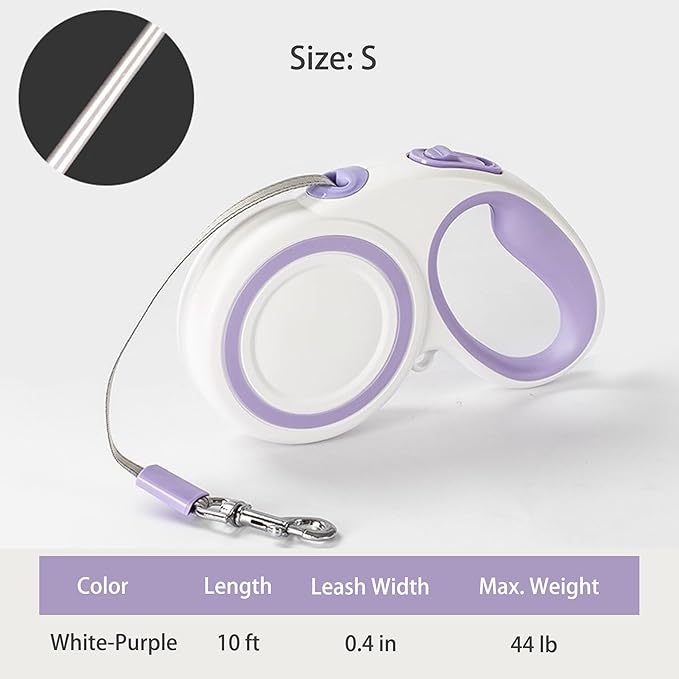 360° Tangle-Free Retractable Dog Leash, Heavy Duty Reflective Nylon Tape Lead 10 ft Long, up to 44lbs, One Touch Quick-Lock Braking System & Anti-Slip Handle (White-Purple, Small)