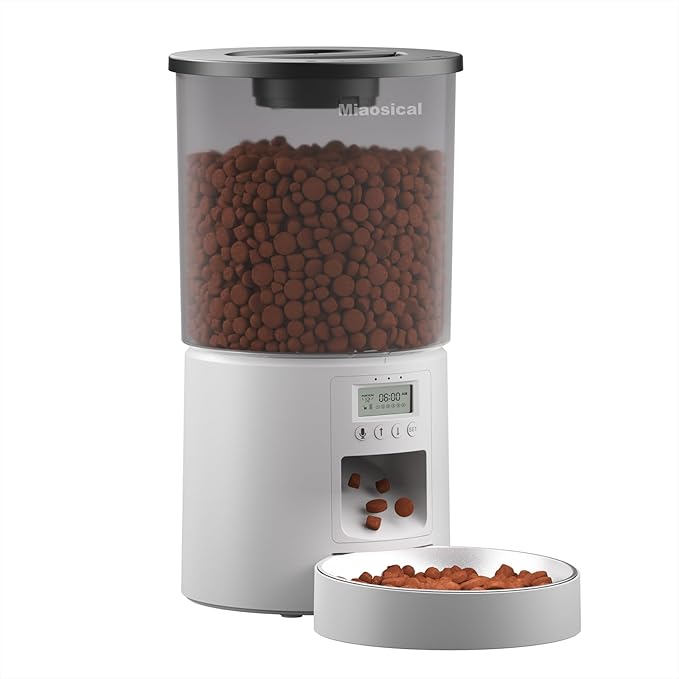 Automatic Cat Feeder with Dual Power Supply,Programmable 1-6 Meals Control Dry Cat Food Dispenser for Small Dog,Flexible Schedule Timer,10S Voice Record (White, 4.2L Basic Model)