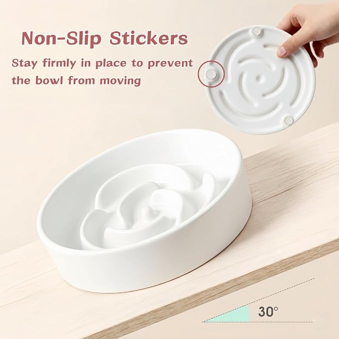 TRUVIC Ceramic Slow Feeder Dog Bowls, 1.5 Cup Puzzle Slow Feeder Bowls for Fast Eaters, Ceramic Dog Food Dish no Black Chin, Puzzle Bowl for Medium Dogs, White
