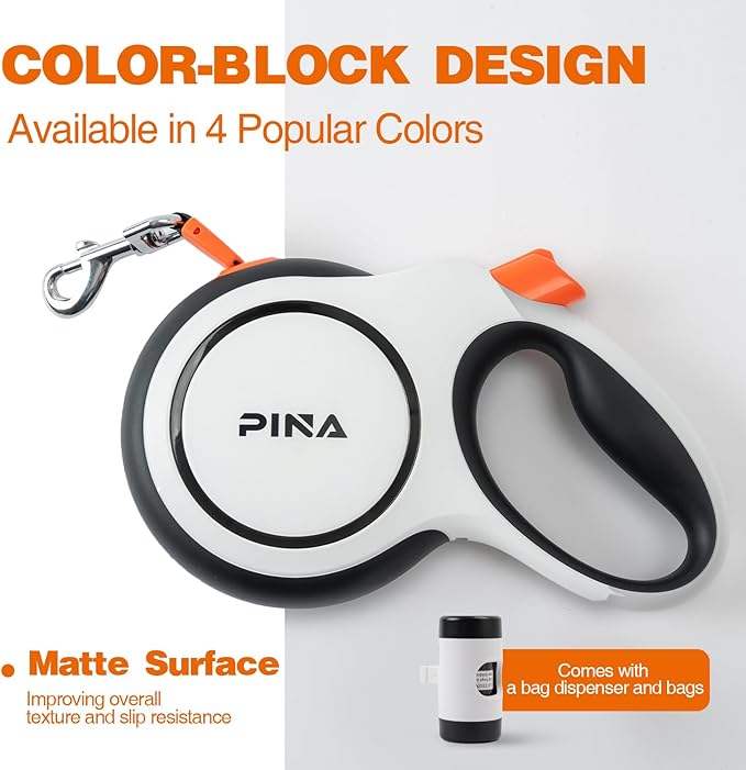 PINA Upgraded Retractable Dog Leash, 26 ft Dog Leash for Small Medium Large Dogs Up to 110lbs, Heavy Duty Reflective Nylon Tape 360° Tangle-Free, with Anti-Slip Handle, One-Handed Brake, Pause, Lock