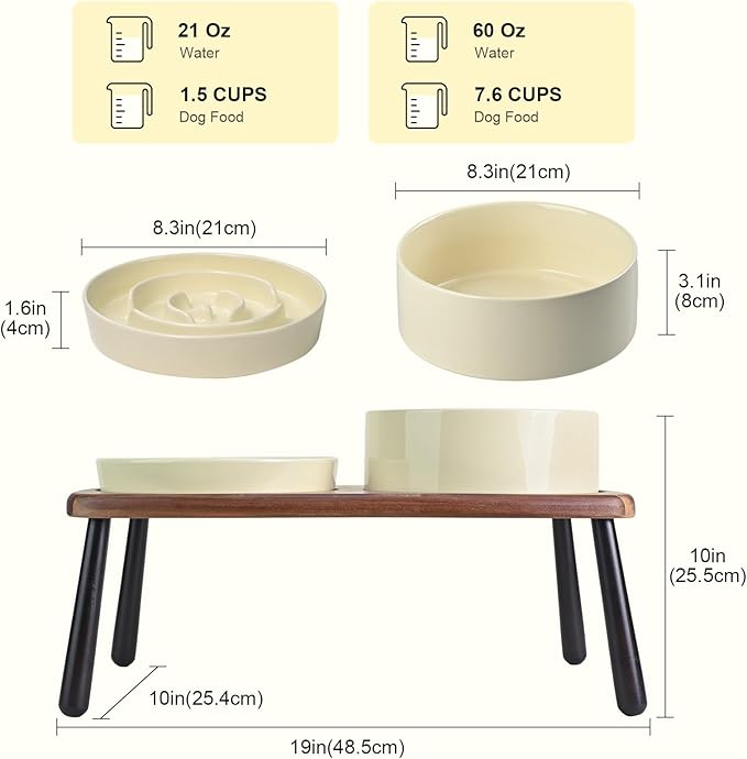 SPUNKYJUNKY Ceramic Elevated Dog Bowls with Slow Feeder Raised Acacia Bamboo Wooden Stand, 8.3'' Dog Food Water Bowls Set Non-Slip for Medium Large Sized Breed Microwave Dishwasher Safe - Beige