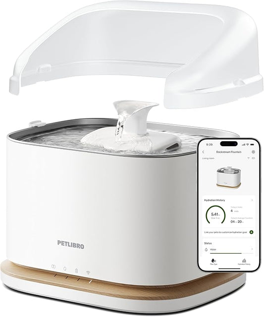 PETLIBRO Upgrade Cordless Cat Water Fountain + Splash Shield, Cat Fountain App Monitoring 3L/101oz Dockstream 2 Pet Water Fountain with Stainless Steel Tray, Shield Prevent Water Spills