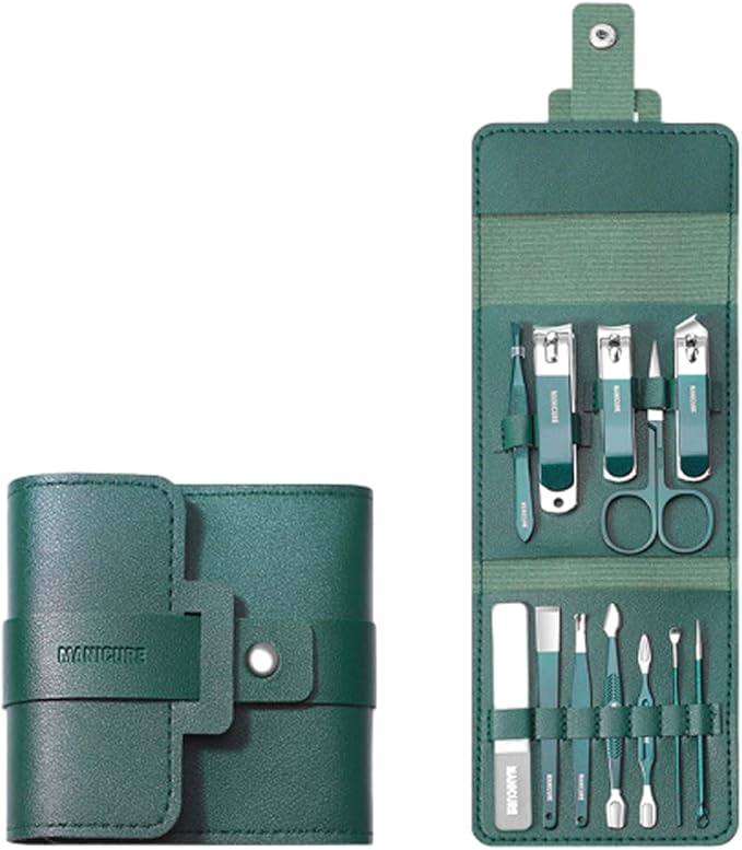 Portable Nail Clipper Set (12/16pcs), Folding Leather Nail Clipper Set, Easy Storage Manicure Kit with Clippers, Cuticle Trimmer & Care Tools, Compact Manicure Kit (Green 12PCS)
