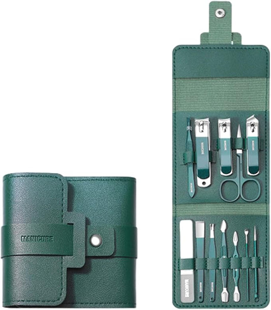 Portable Nail Clipper Set (12/16pcs), Folding Leather Nail Clipper Set, Easy Storage Manicure Kit with Clippers, Cuticle Trimmer & Care Tools, Compact Manicure Kit (Green 12PCS)