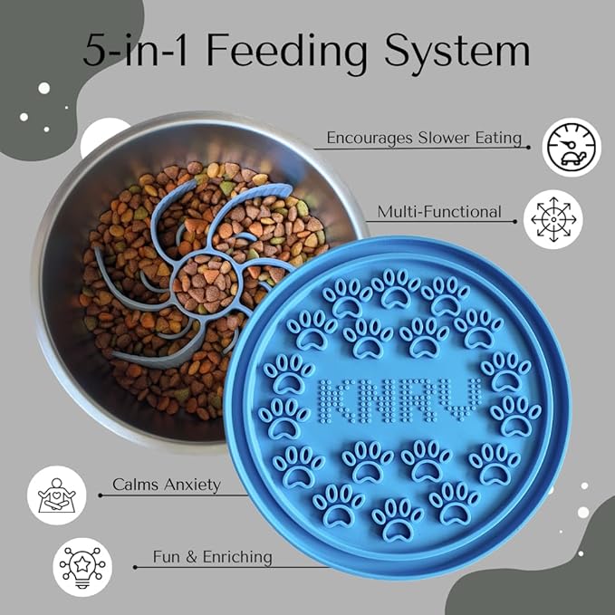 Slow Feeder Dog Bowl with Premium Lick Mat Lid | Stainless Steel Dog Bowls | Removable Slow Feeder Insert | Heavy-Duty, Non-Slip & Durable | 64 oz | Medium to Large Dogs (Eli Blue)