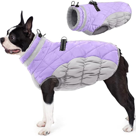 AOFITEE Dog Coat, Warm Dog Winter Coat for Small Dogs, Reflective Turtleneck Dogs Jacket with Harness Built in, Waterproof Windproof Pet Fleece Vest Snow Jacket for Cold Weather, Lilac S