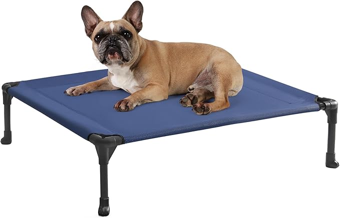Veehoo Outdoor Elevated Dog Bed for Medium Dogs, Cooling Raised Dog Cots Beds Training Platform Off Ground Hammock with Breathable Mesh, No-Slip Feet, 32"x25", Blue