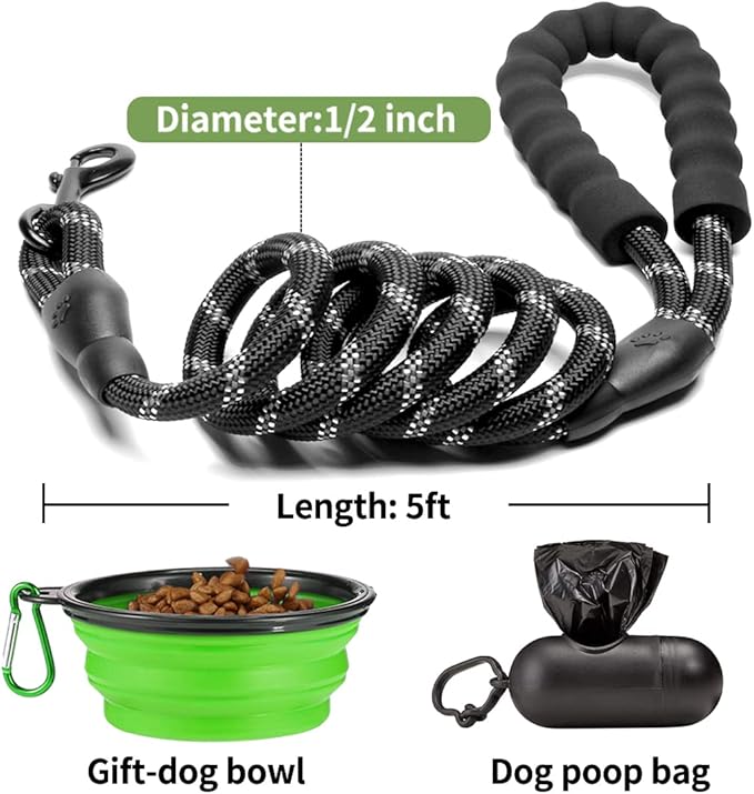 COOYOO 2 Pack Dog Leash 5 FT Heavy Duty - Comfortable Padded Handle - Reflective Dog Leash for Medium Large Dogs with Collapsible Pet Bowl
