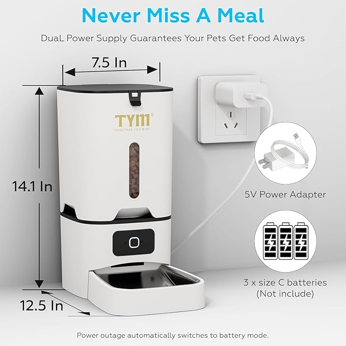 TYM Automatic Cat Feeder, 7L WiFi Cat Food Dispenser, Timed Cats Feeder with APP Control, Auto Pet Food Dispenser for Small Pets, Fresh Food, Dual Power Supply, Detachable for Easy Cleaning