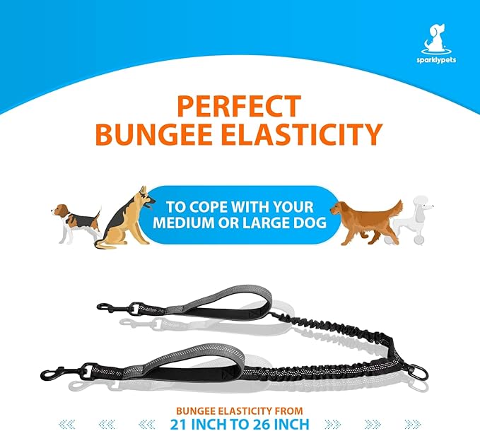 SparklyPets Hands Free Dog Leash for Medium and Large Breeds – Professional Harness with Reflective Stitches for Training, Walking, Jogging and Running Your Pet (Gray, for 2 Dogs Only Coupler)