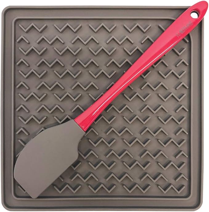 Messy Mutts Silicone Therapeutic Interactive Feeding and Licking Mat | 8” x 8” | Slow Feeder for Boredom & Anxiety | Lick Pad for Cats & Small Dogs | Grey w/Spatula