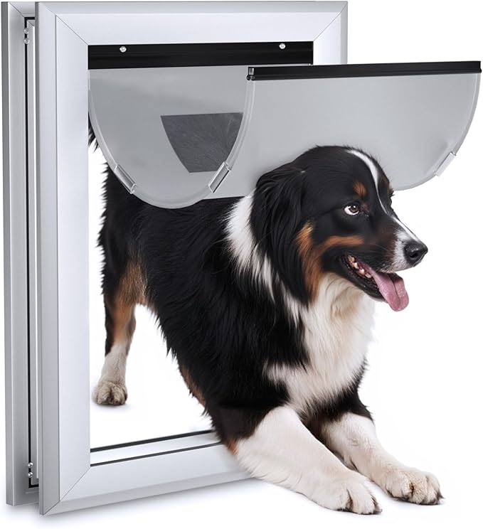 Ownpets Aluminum Large Dog Door, Pet Door with Magnetic Flap and Lockable Sliding Panel, Heavy Duty Doggy Door for Dogs Up to 100lbs(Silver)