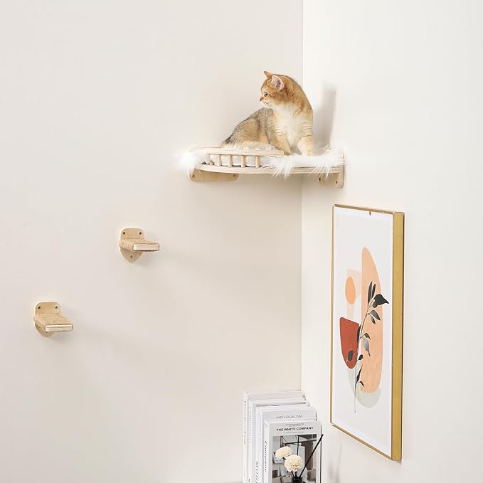 Cat Wall Shelves - 3 Steps Scratch Post & Hammock Bed with Plush Cover, Climbing Shelf for Indoor Cats (Wood)
