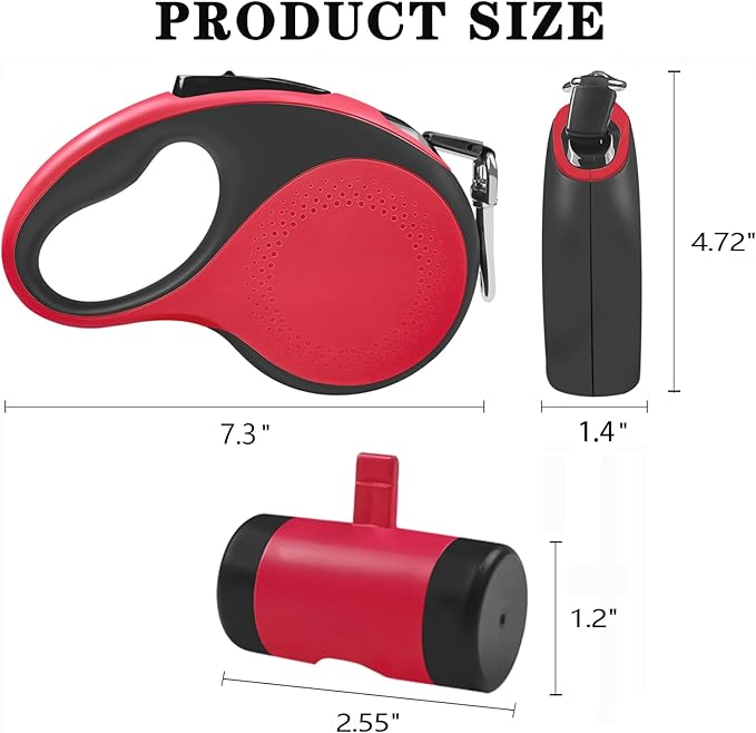 Retractable Dog Leash with Light - 16Ft Leashes with Poop Bag & Holder, One Button Break & Lock, 360°Tangle Free, Anti Slip Grip, Red