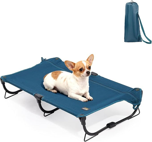 Daisy Cot, Medium Foldable Elevated Dog Bed, Portable Raised Outdoor Folding Dog Cot, Cooling, Chew Proof, Waterproof, Heavy Duty Up to 160 Lbs for Camping/Home, Dark Blue, 32"x 19"x6"