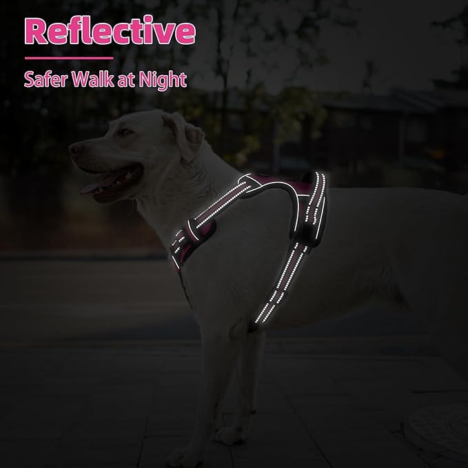 PUPTECK No Pull Dog Harness for Large, Adjustable Reflective Dog Harness with Handle Easy Control, Comfortable Soft Padded Pet Vest Harness for Extra Large Dogs, Fuschia XL