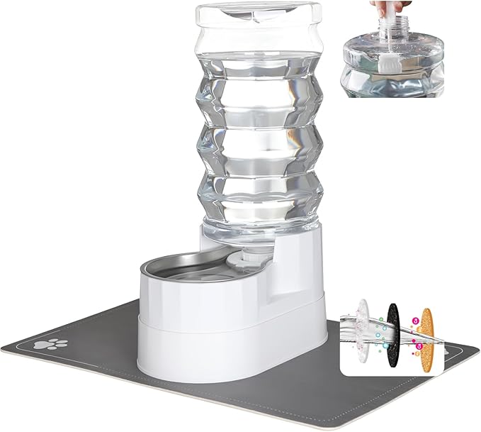 RIZZARI Large Water Dispenser for Dogs: 9L Automatic Stainless Steel Gravity Raised Pet Feeder with Specialized Brush and Triple Filter for Senior Pet Dogs with Neck Pain Garage Living Room